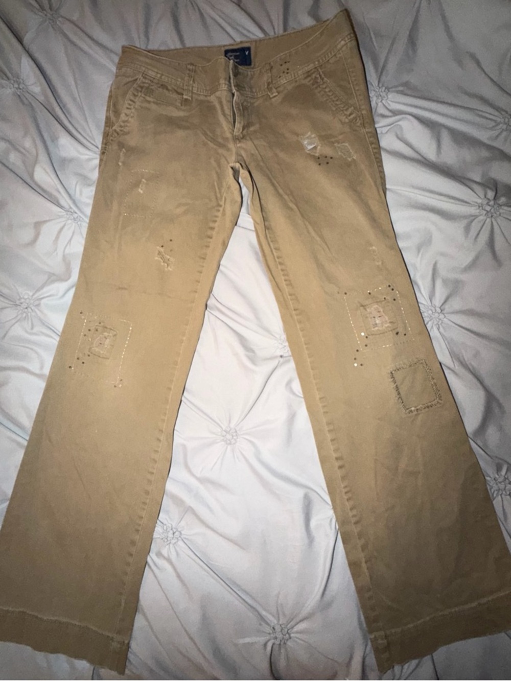American Eagle Outfitters Tan Flared Patch Jeans